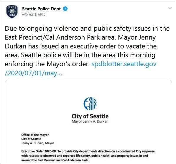 西雅图警察局发布推特宣布“清场”