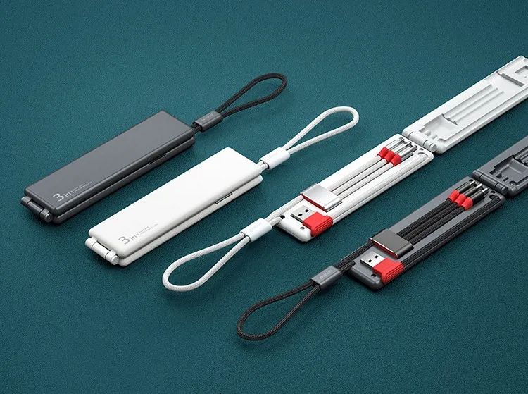 它采用折叠收纳盒设计,三条不同规格的数据线就藏在这里面,苹果,安卓