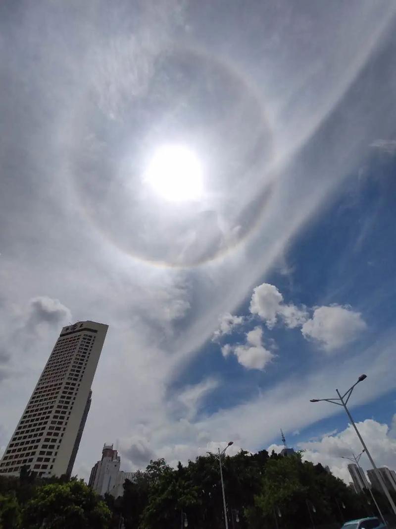 围观| 刚刚,你头顶的太阳"长光环"了没?广东多地出现日晕现象