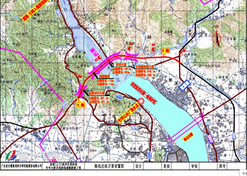 路线起点接外环北路,向东北上跨县道075线,穿越填埋场后与韩江正交