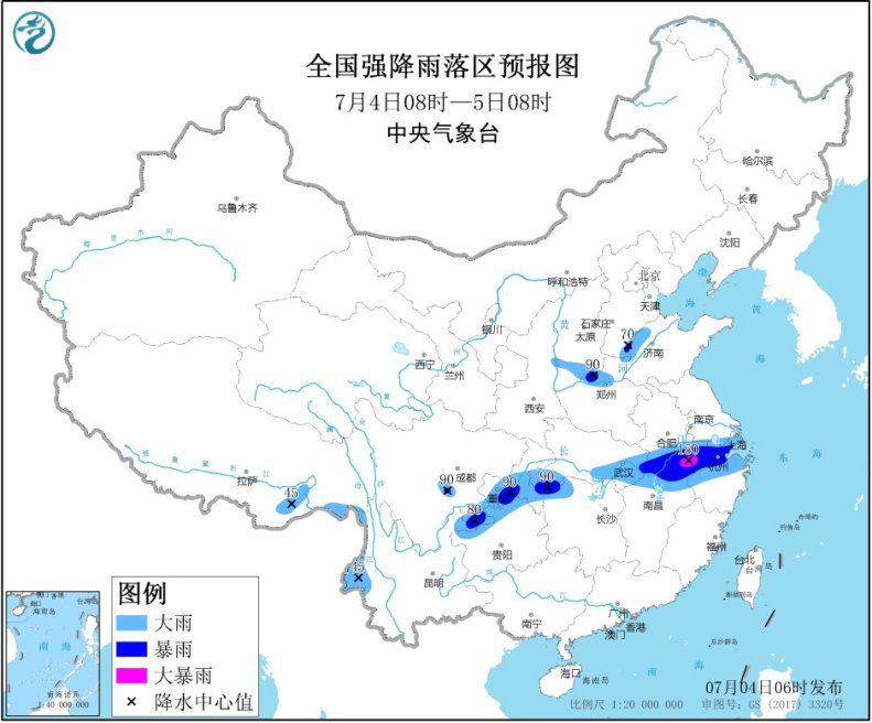 图1 全国强降雨落区预报图(7月4日08时-7月5日08时)