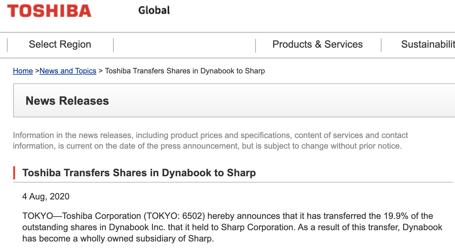 声明中，东芝表示：“作为交易完成的结果，Dynabook已经成为了夏普的全资子公司。”