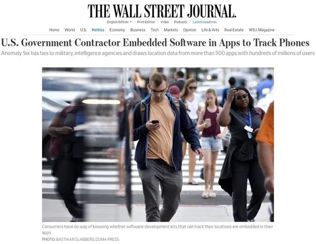 据《华尔街日报》报道，美国公司Anomaly Six近日将其软件植入逾500款APP。图源：华尔街日报