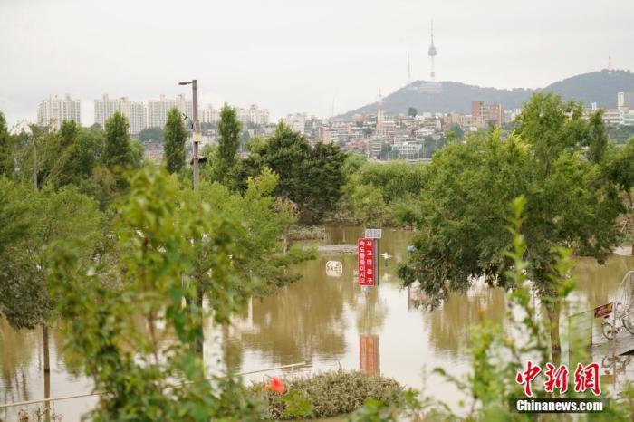  8月8日，首尔盘浦汉江公园内，多处步道、车道、停车场等被淹。连日暴雨致韩国首尔汉江水位猛增，附近部分道路、公园被淹。中新社记者 曾鼐 摄
