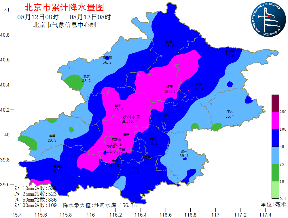 北京气象局12日大部分地区暴雨最大雨量出现在昌平沙河水库