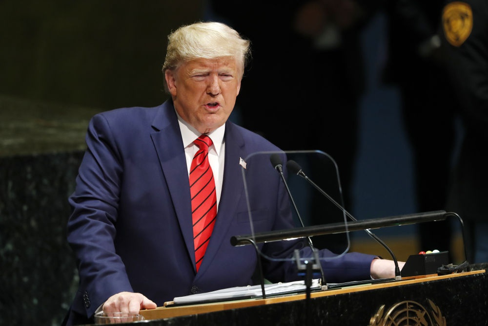 2019年9月24日，在位于纽约的联合国总部，美国总统特朗普在第74届联合国大会一般性辩论上发言。新华社记者李木子摄