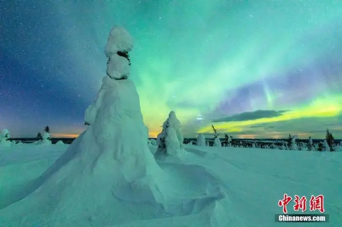 芬兰Riisitunturi国家公园，壮丽北极光下，森林树木被白雪覆盖。这一自然景象打造出美丽的蓝绿色天空。气温低至零下20摄氏度，高15英尺的树木完全被皑皑白雪覆盖。图片来源：视觉中国