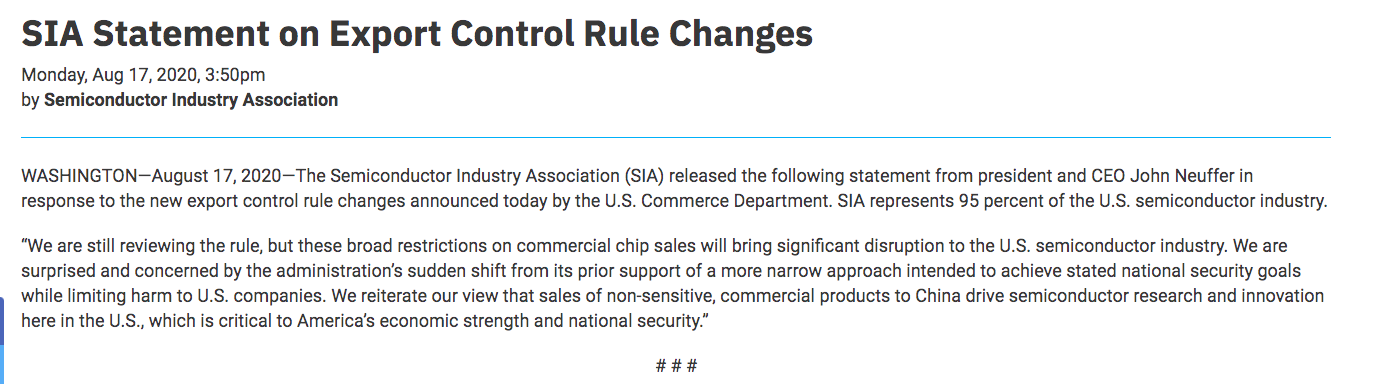 the|美国半导体行业协会：升级华为“限制令”将给产业带来严重破坏