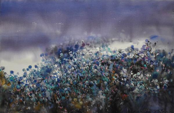 水彩画:潘江龙《山上的那片蓝花花》