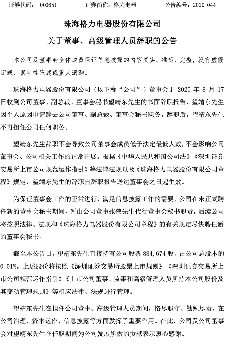 格力电器董秘望靖东辞职:曾为董明珠接班人选 是格力18年“老臣”