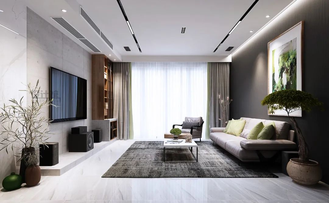 天花里植入黑色的线条状灯条,这样可以在装灯的同时,增加天花的善计