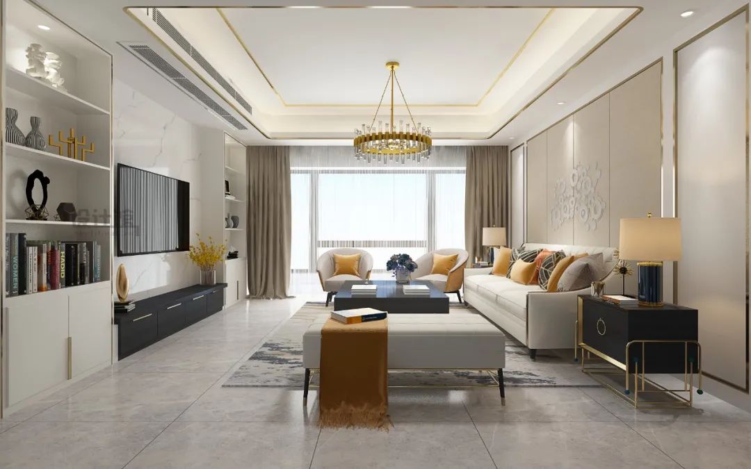 在叠级吊顶基础,天花加入两圈金色线条,搭配金色的水晶吊灯,客厅