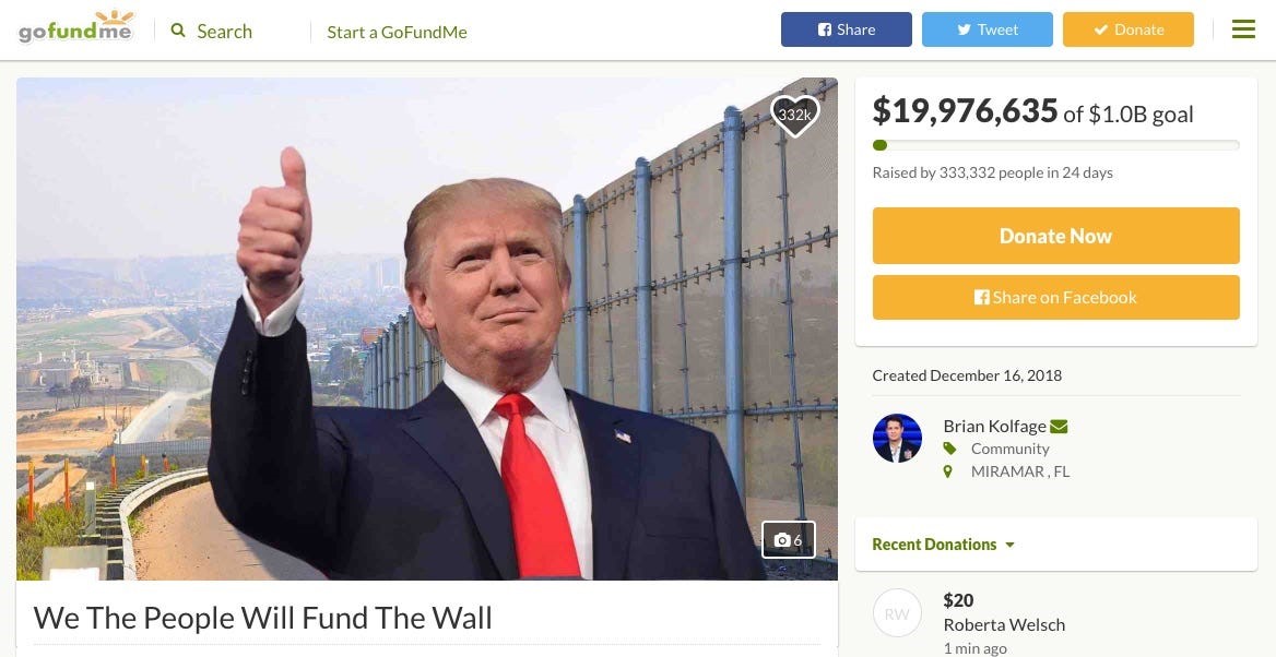 布莱恩·科尔法奇在众筹网站gofundme.com上发起的“我们人民来建墙”活动。这个项目在2019年1月已经被网站撤下。