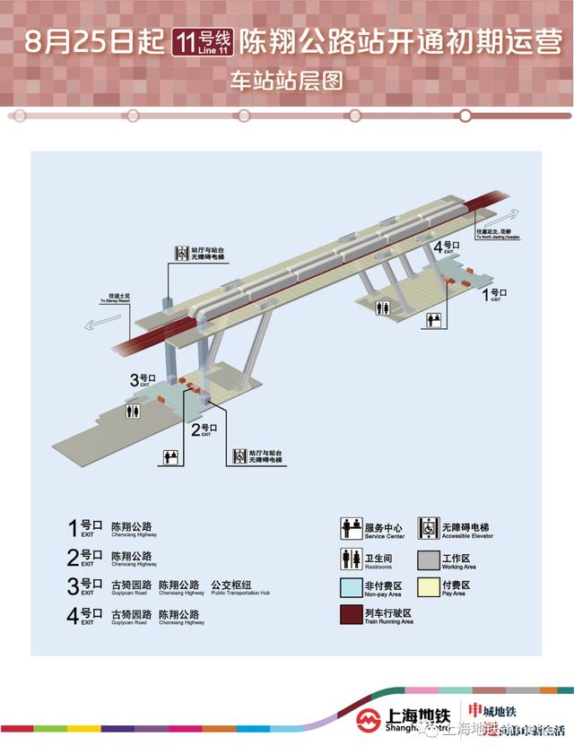 车站为高架两层侧式车站,其中地面层为站厅层,站厅层分为南厅和北厅
