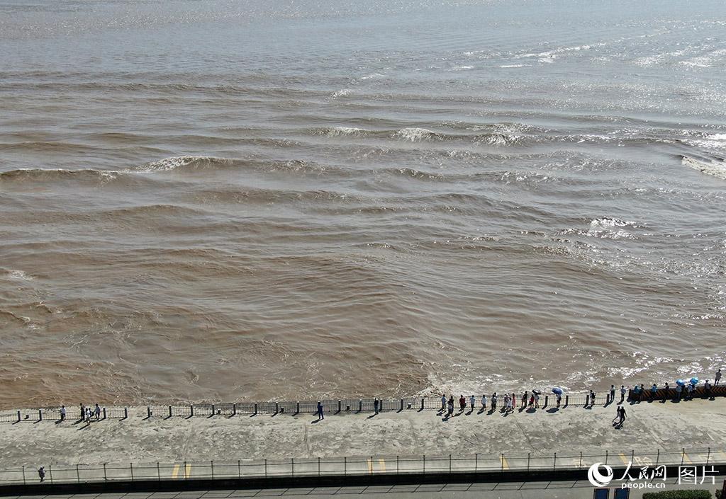 航拍浙江海宁壮观钱塘交叉潮