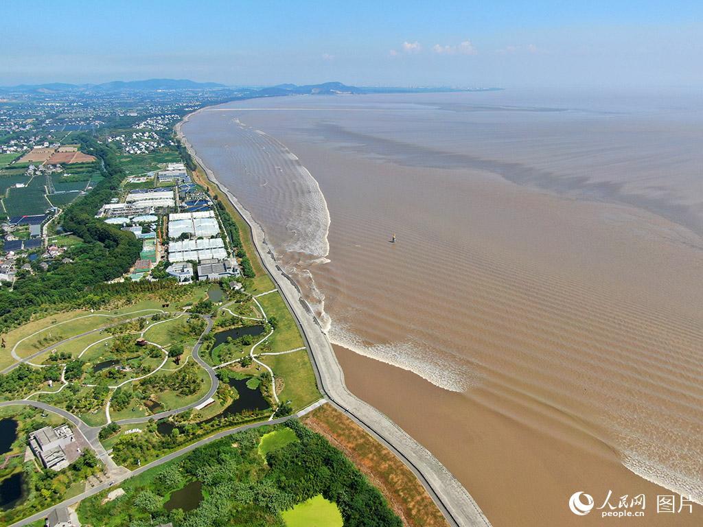 航拍浙江海宁壮观钱塘交叉潮