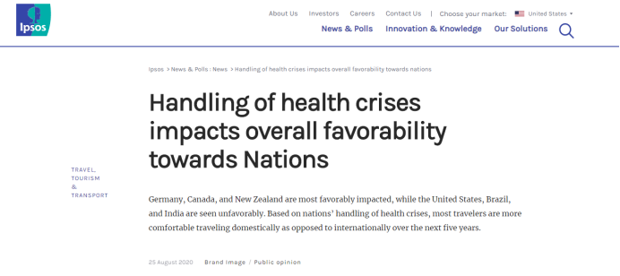 益普索民调:疫情应对净支持率 美国在50个国家和地区中排倒数第一