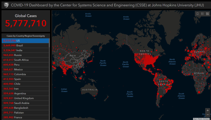 美国约翰斯·霍普金斯大学统计数据截图