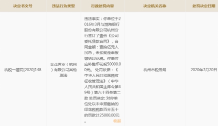 金茂置业杭州违法遭罚 委托贷款未按规定缴纳印花税