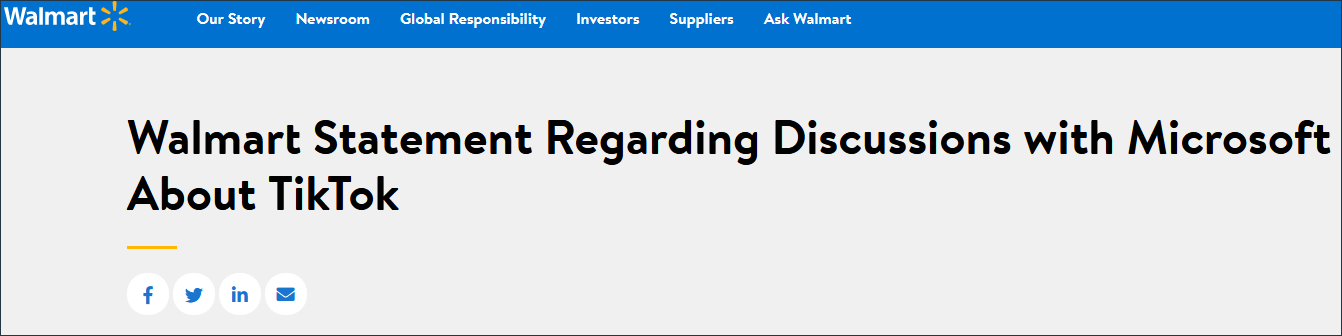 8月27日沃尔玛官网声明确认与微软合作收购TikTok