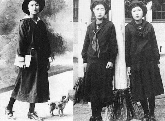 大正后期，京都平安女学院和福冈女学院早期水手服