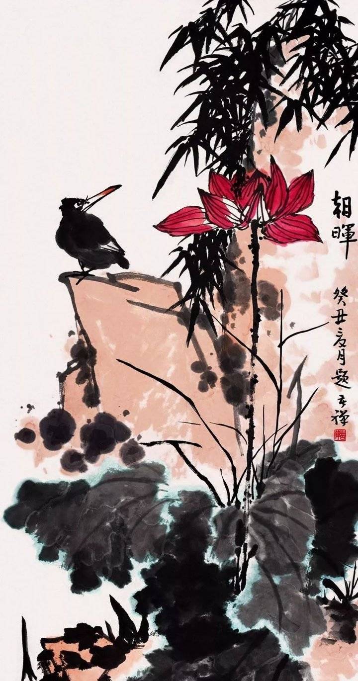 如李苦禅的"荷塘水禽图" ,构图中的荷花,水禽气势都是向上的,破势不够