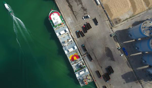 7月3日，装载澳大利亚进口活牛的货船抵达海南马村港后卸货（无人机照片）。新华社