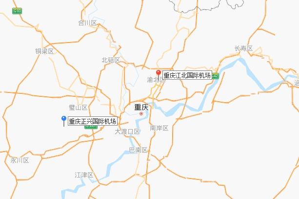 （重庆两座民航机场位置关系。图据百度地图）