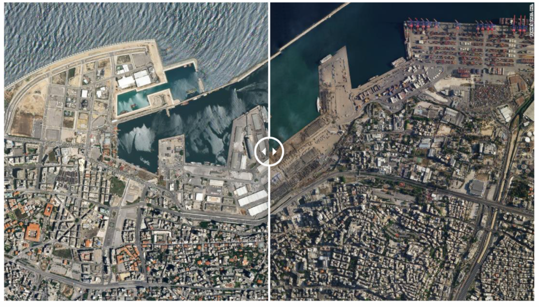 贝鲁特港口爆炸前后对比。/截图自CNN