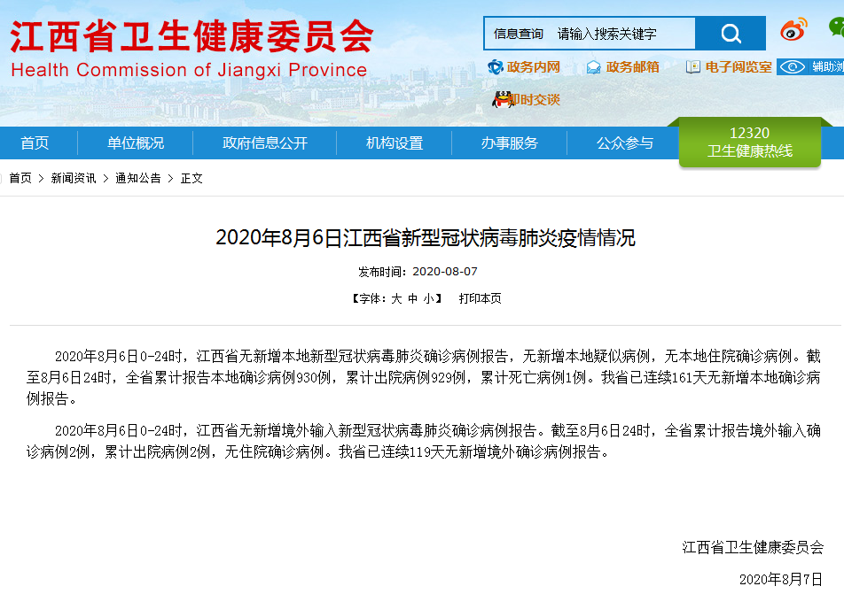 2020年8月6日江西省,南昌市新型冠状病毒肺炎疫情情况