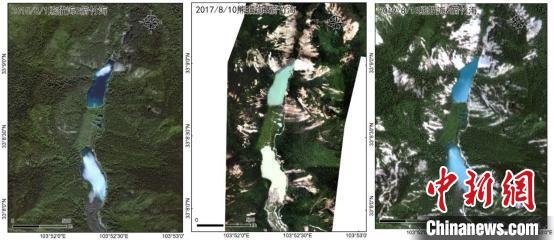 熊猫海与箭竹海的水体景观：地震前（2015年8月1日）、地震刚发生后（2017年8月10日）、震后两年（2019年8月16日）的遥感影像对比（从左至右）。中科院空天院付碧宏研究员团队 供图