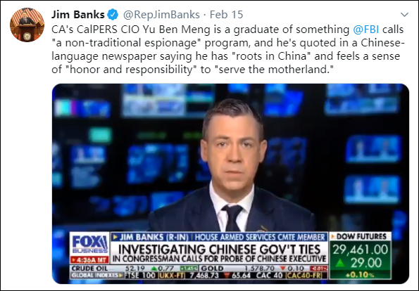 班克斯在福克斯新闻指控孟宇 （推特截图）