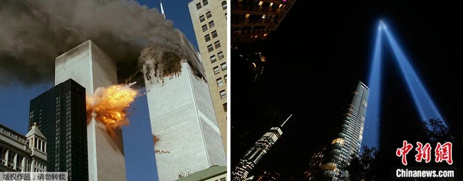 资料图片:左:2001年9月11日,两架飞机撞入世贸大楼双子塔