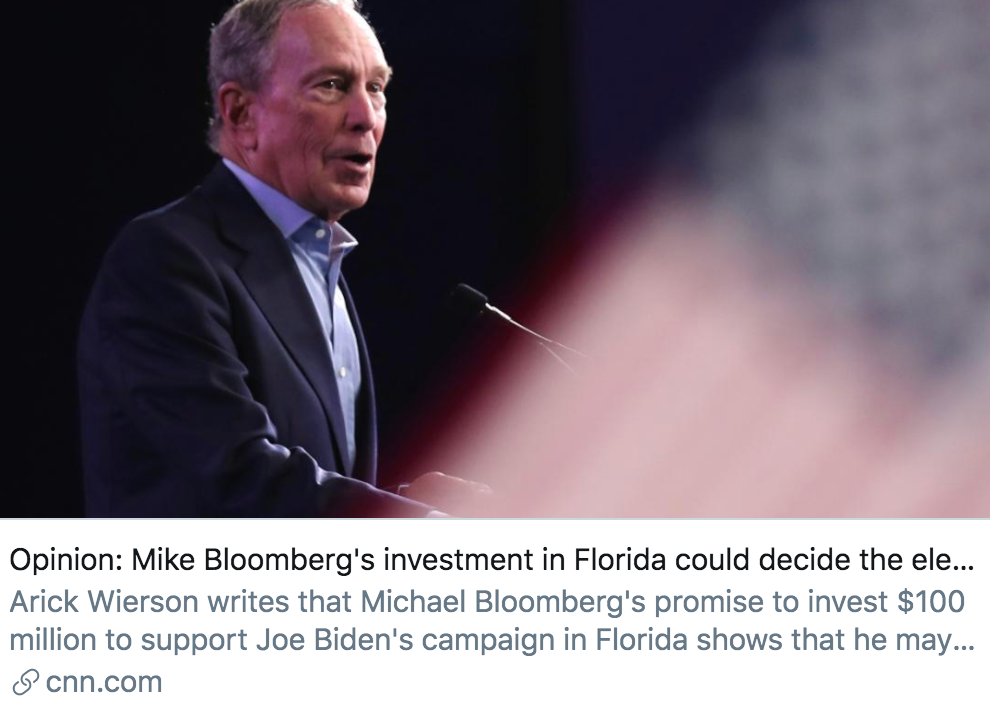 布隆伯格在佛罗里达州投入的资金，或将决定总统大选结果。/ CNN报道截图