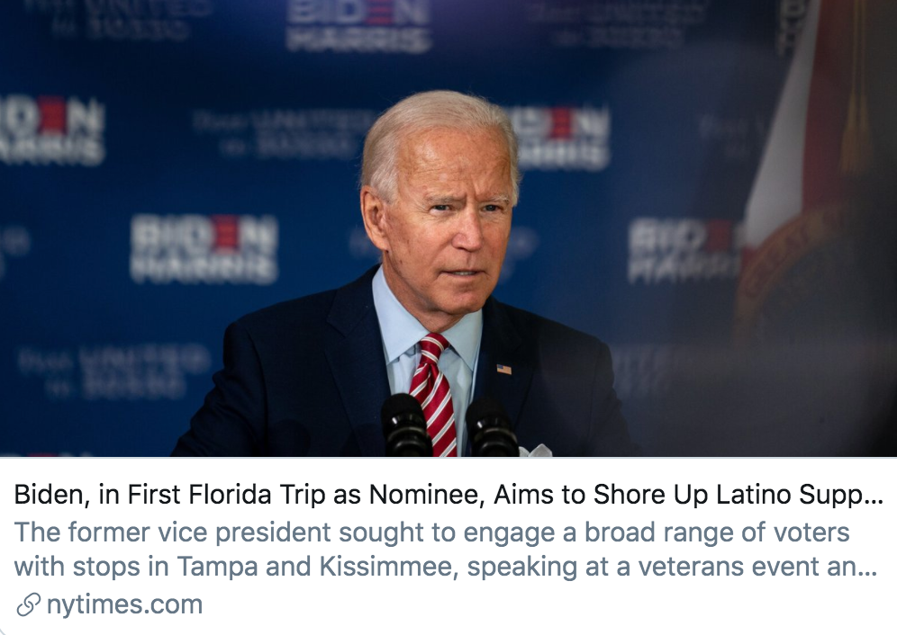 这是拜登首次以总统候选人的身份访问佛罗里达州，他的目标是争取拉美裔选民的支持。/ 《纽约时报》报道截图
