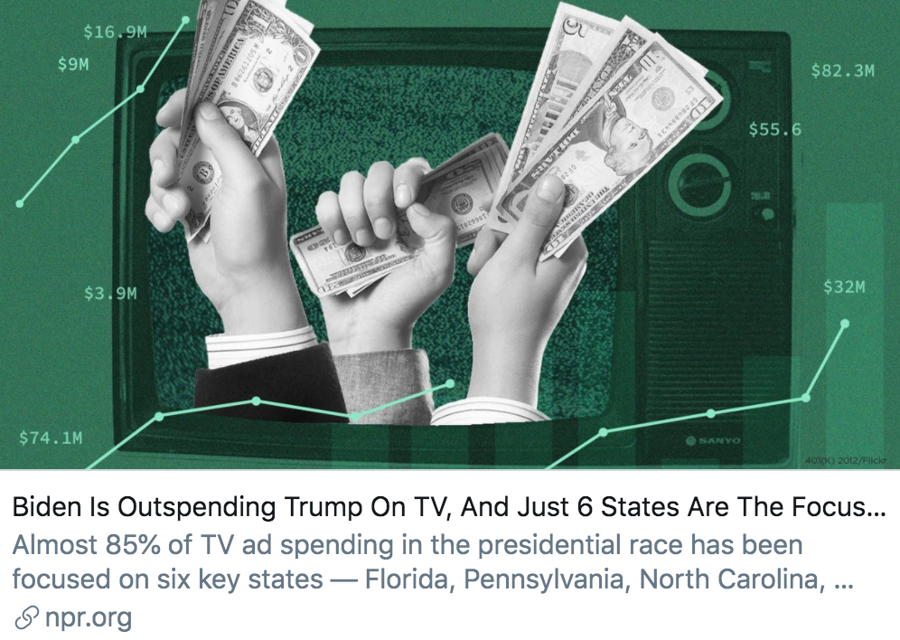 拜登电视广告的支出超过了特朗普，6个州是竞选焦点。/ 美国国家公共电台报道截图