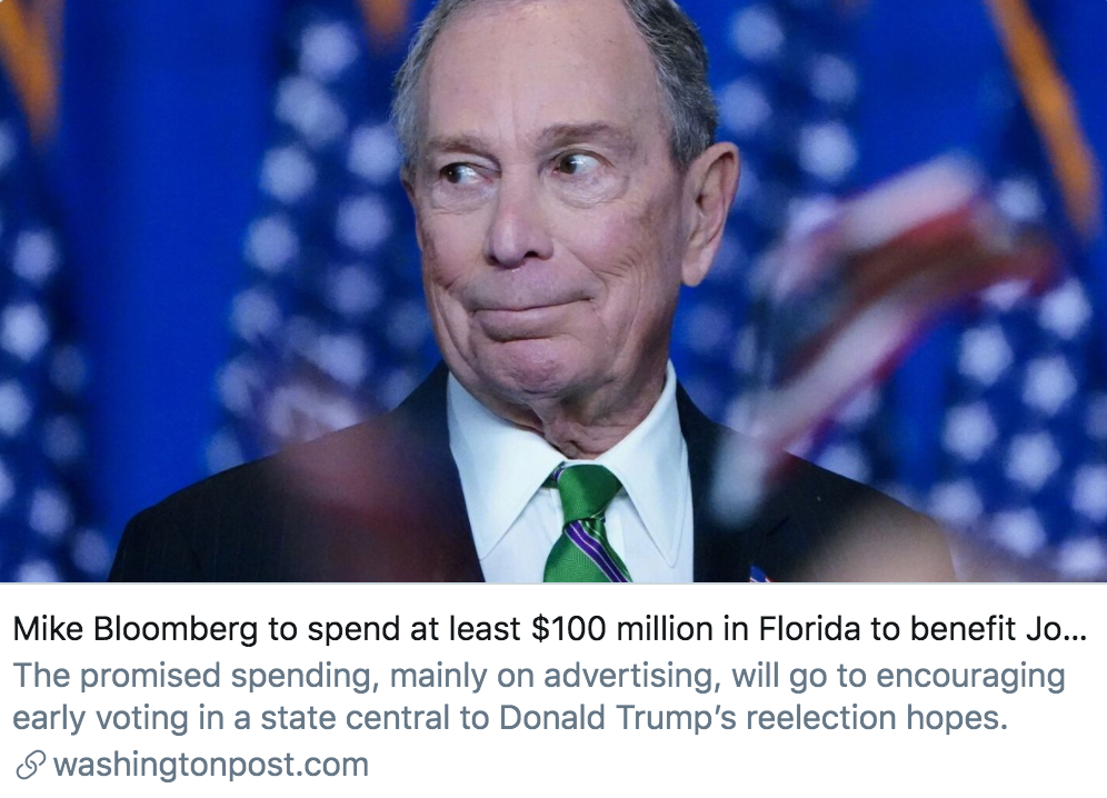 布隆伯格将在佛罗里达州花费至少1亿美元来帮助拜登。/ 《华盛顿邮报》报道截图