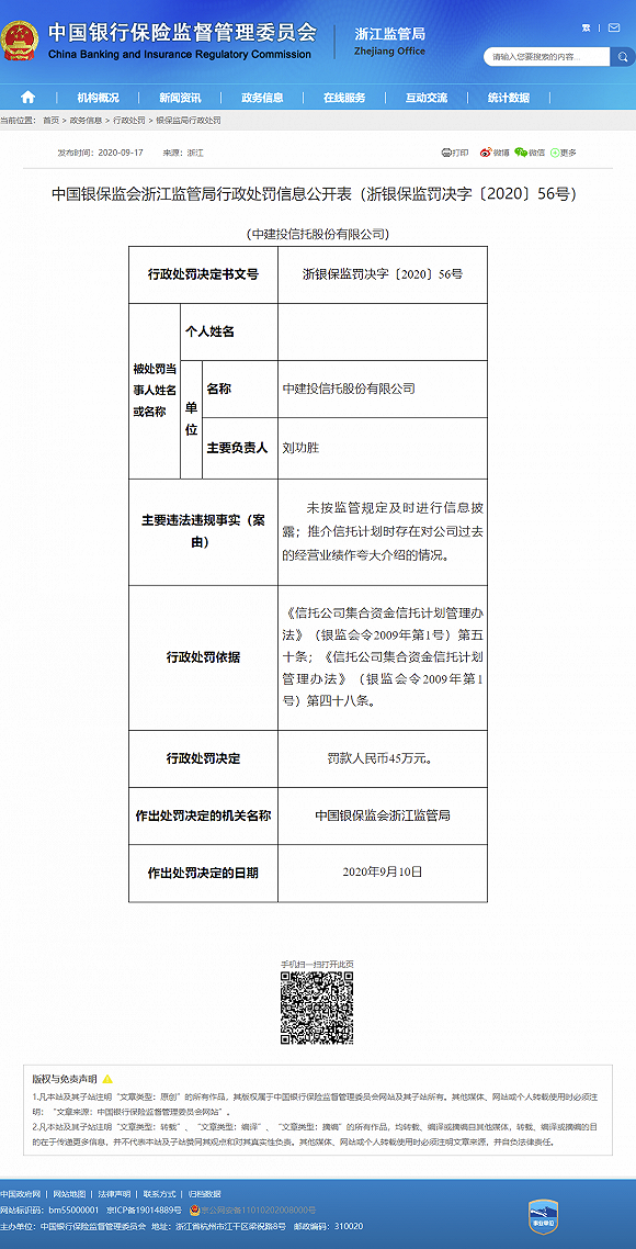中建投信托接罚单 2019不良率升至15.06%