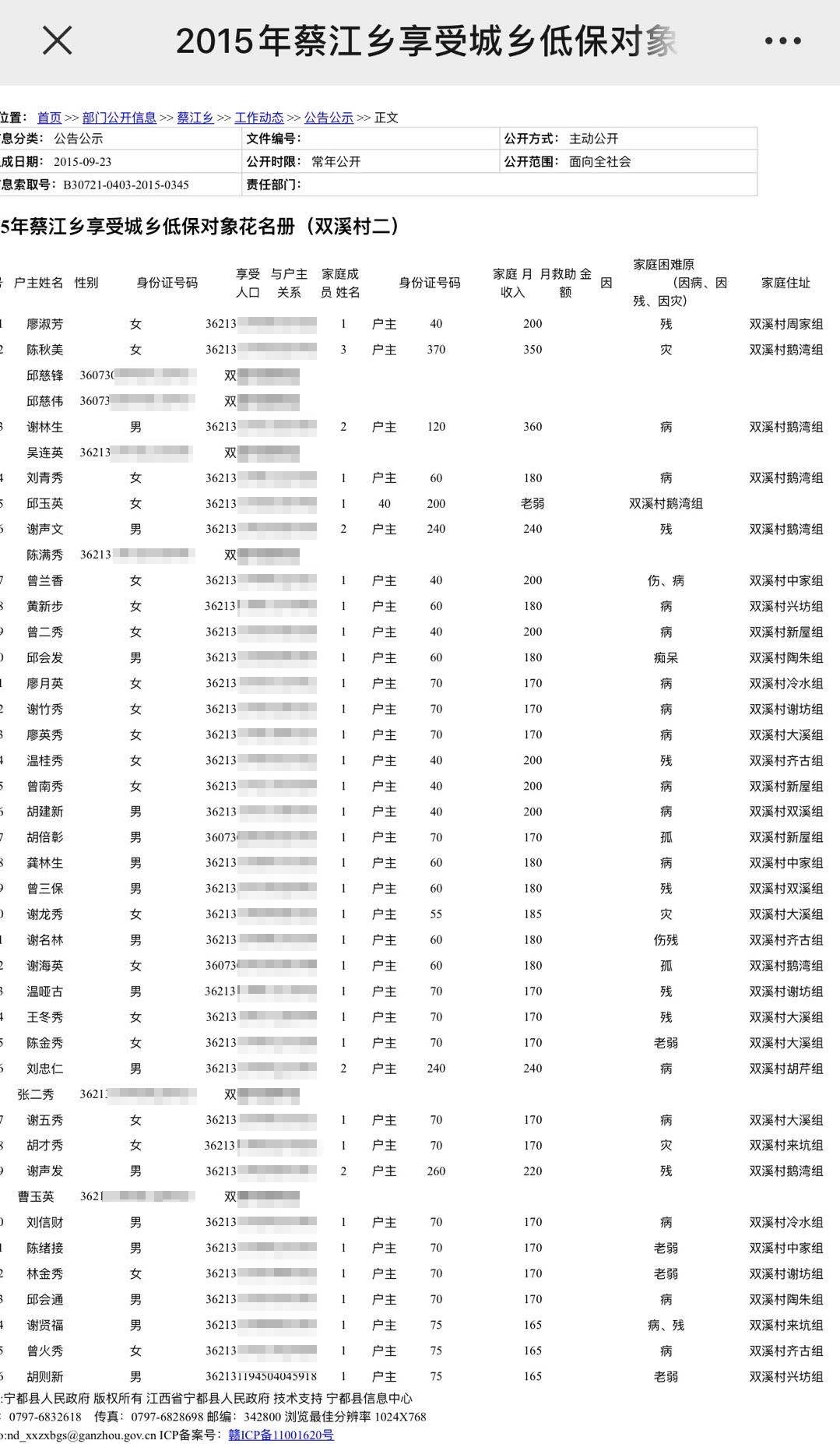 江西一县政府官网泄露低保对象身份证号最早可追溯至8年前
