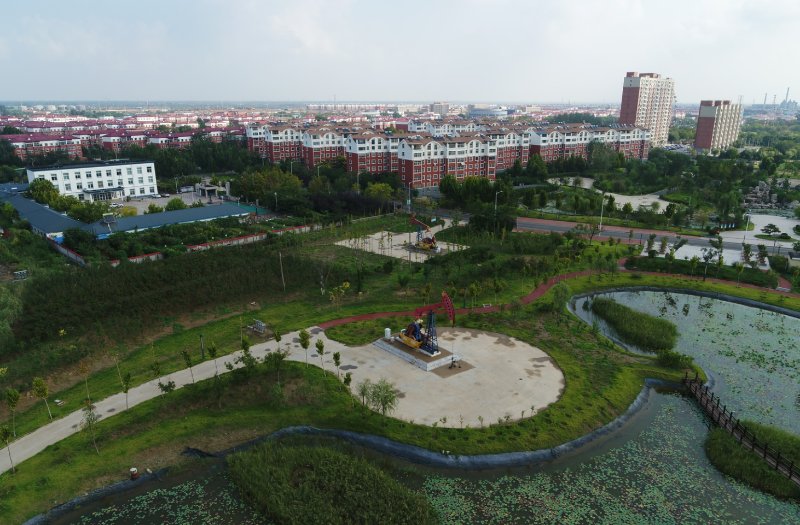 俯瞰改造后的河口区孤岛镇居民小区,已成为一道极具油区特色的风景线.
