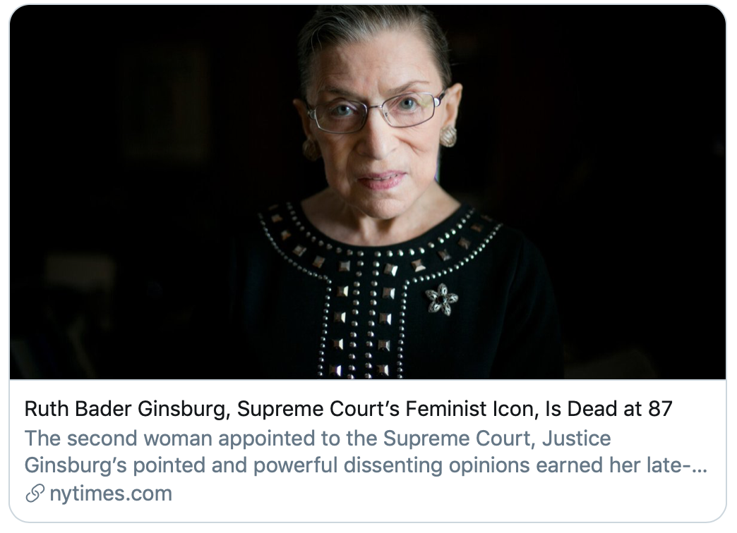 美国最高法院女权主义标志性人物金斯伯格去世。/《纽约时报》报道截图