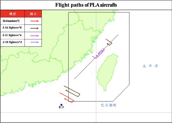 台湾方面公布的解放军飞机飞行航迹