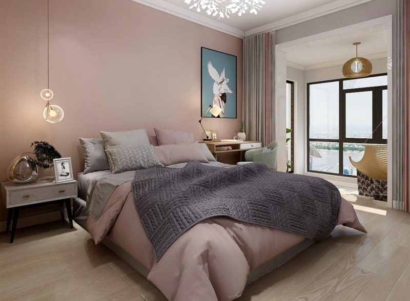 藕粉色为主色调的卧室,充满年轻时尚感,辅以金属材质做点缀,更是点睛