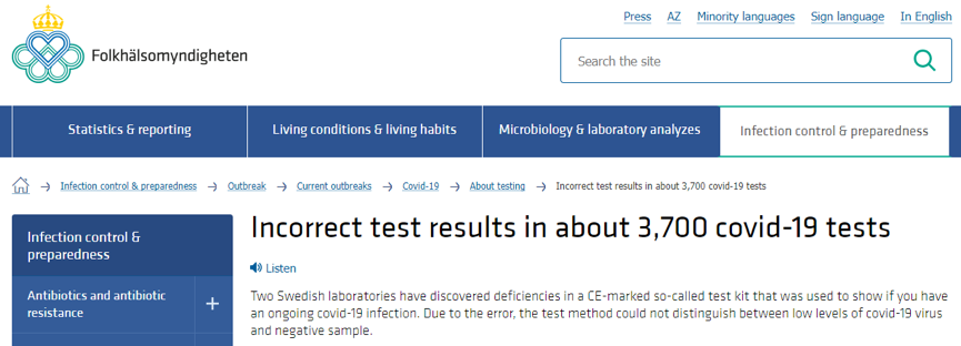  （图为当时瑞典公共卫生署指控华大基因的新冠病毒检测试剂不准确，造成3700个“假阳性”的文章）