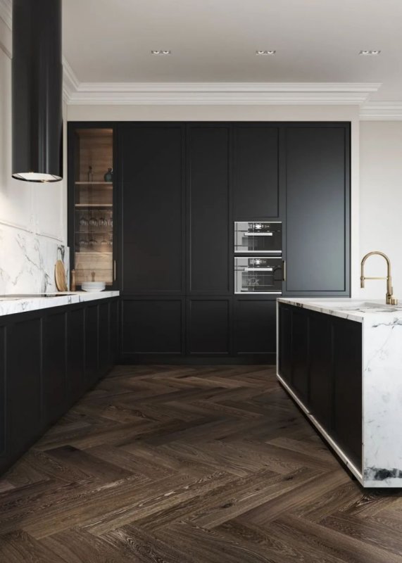 厨房整体以黑白为主黑色的橱柜与大理石岛台,台面不仅颜值高,杠能