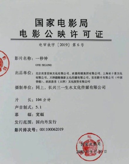 张艺谋新片《一秒钟》获电影公映许可证