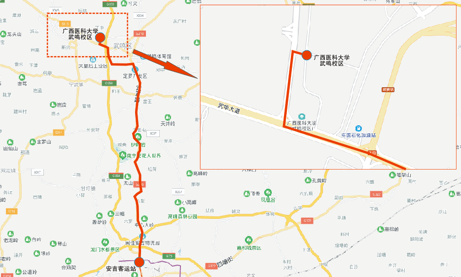 △新增D25路（安吉客运站—广西医科大学武鸣校区西2门）定制公交线路走向示意图