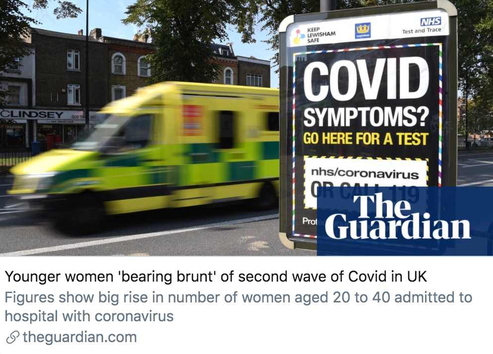 英国第二波疫情中，年轻女性住院人数增多。/《卫报》报道截图