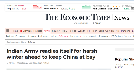 印度《经济时报》：印军为迎接严冬做好准备，以牵制中国