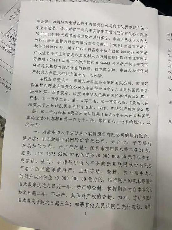 平安健康7000万元财产遭冻结好医生药业案件还在审理